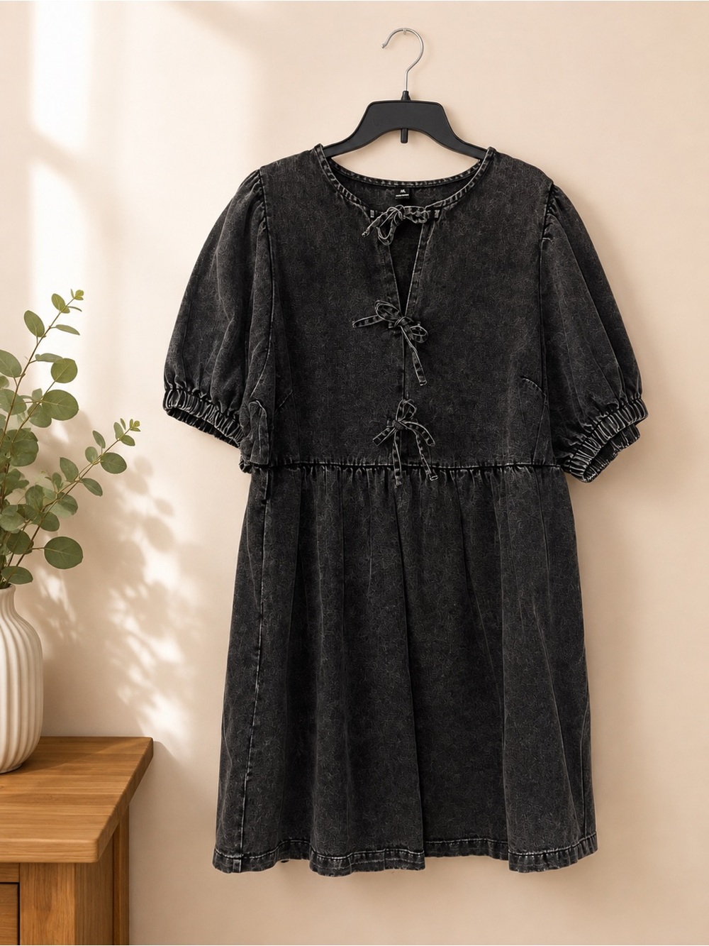 SHEIN Washed Black Tie-Front Puff Sleeve Mini Dress